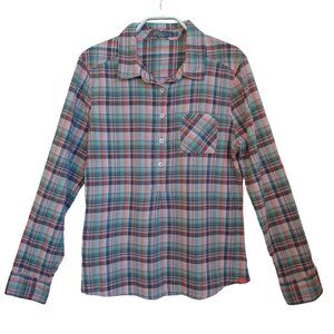 Prana‎ Blouse Plaid Partial Button Front Roll Tab Sleeves Cotton Womens Small